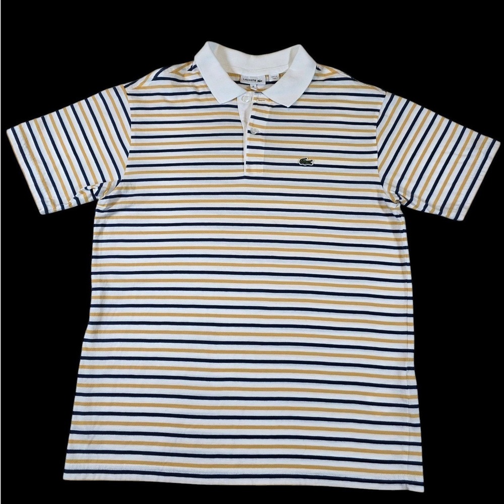 Lacoste Kids Striped Polo White Navy Yellow Sz 16 Cotton Izod Preppy DJ8433